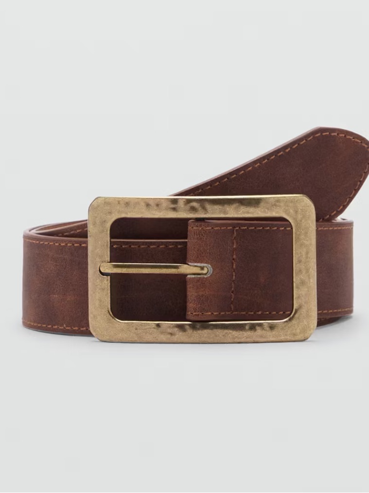 Mango Cognac Leather Belt With Brass Buckle Textured Square Buckle Belt 1289